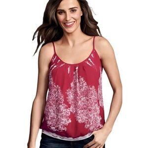 Like New Cabi Heart Of Township Cami Top Red Print Spaghetti Straps Banded Hem